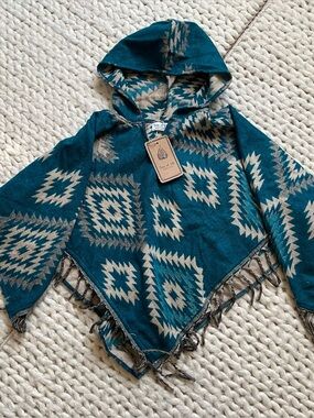 Tree of Life Teal and Cream Aztec Hooded Pullover / poncho | s-m-l